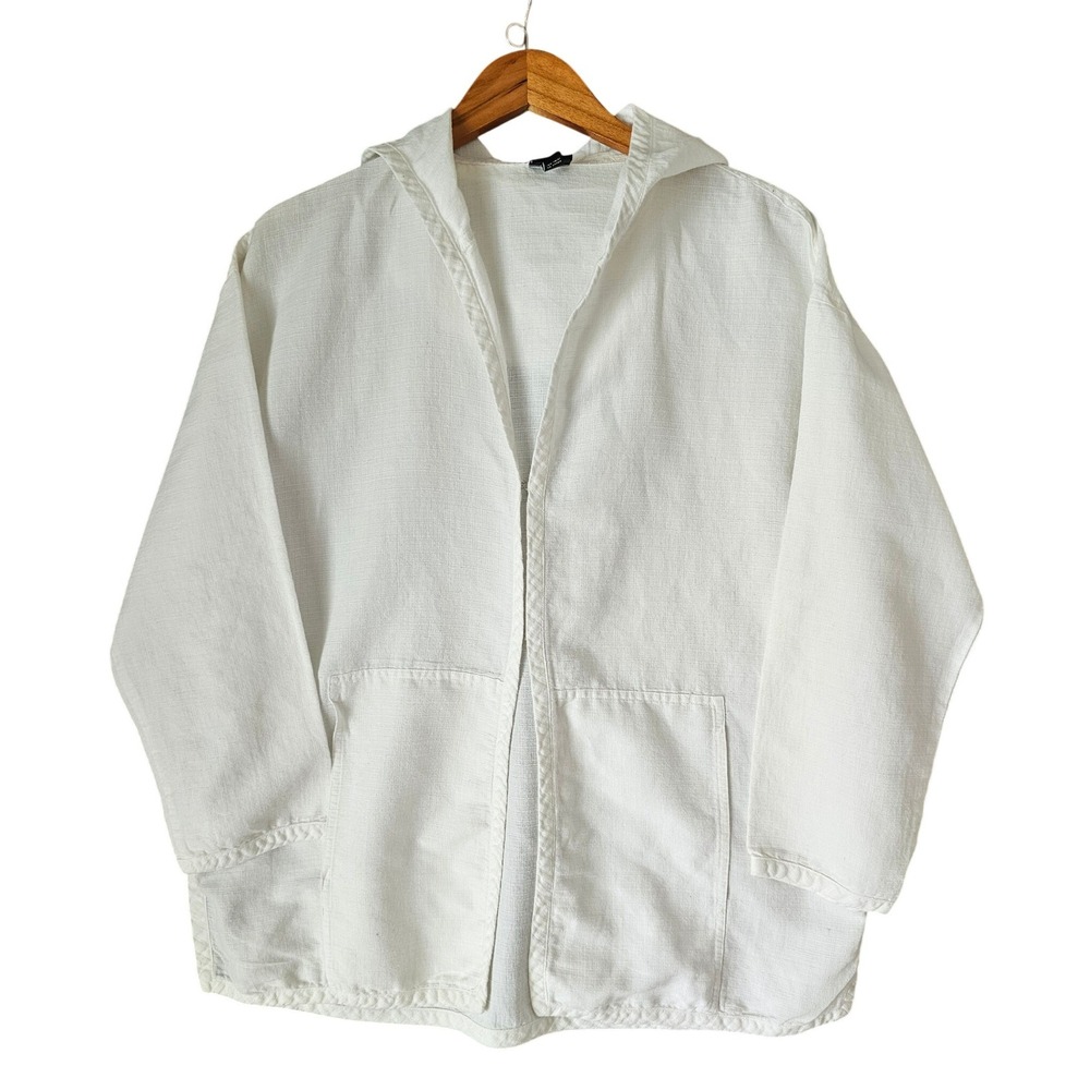 Eileen Fisher White Italian Fabric Hooded 2 Hook‎ Front Cardigan Jacket Size M